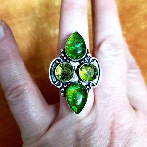 New Dichroic Glass & Peridot 925 Silver Statement Ring.